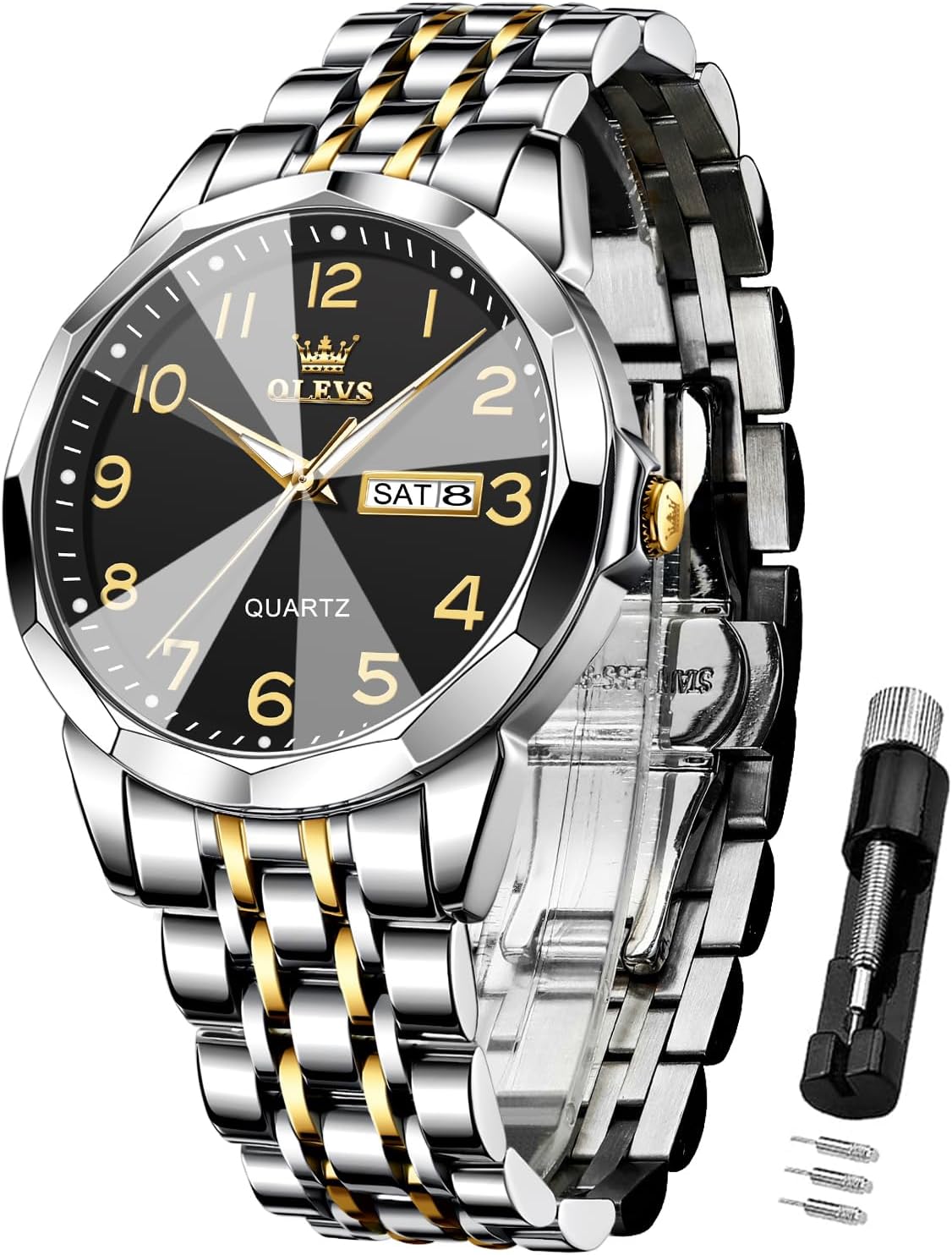 Detalle de Montre homme OLEVS quartz digital avec index « diamants », acier inoxydable 316L, étanche 30 m
