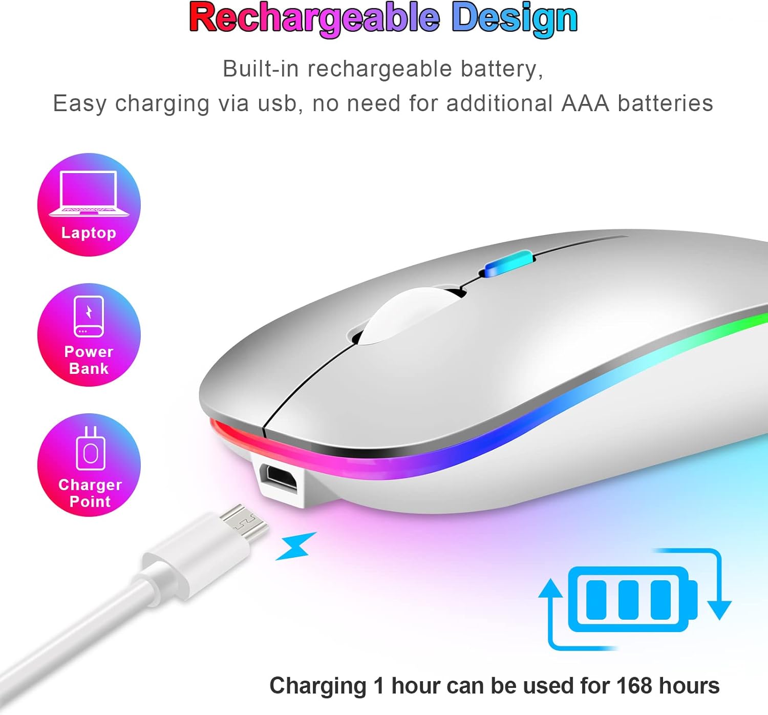 Thumbnail 1 de Wireless Bluetooth Mouse for Laptop (Silver) — Dual Mode, Rechargeable, Quiet Clicks