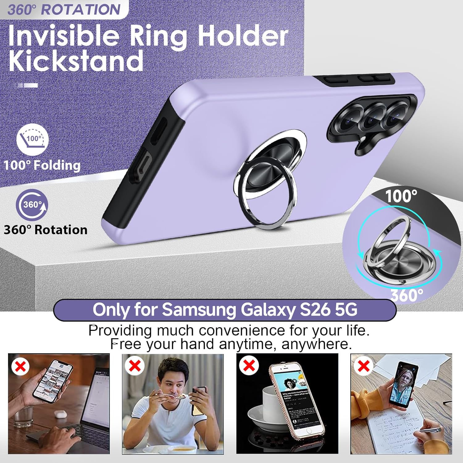 Thumbnail 1 de LeYi for Samsung Galaxy S26 phone case with 2 tempered glass screen protectors, camera lens protectors & ring stand holder (Purple)