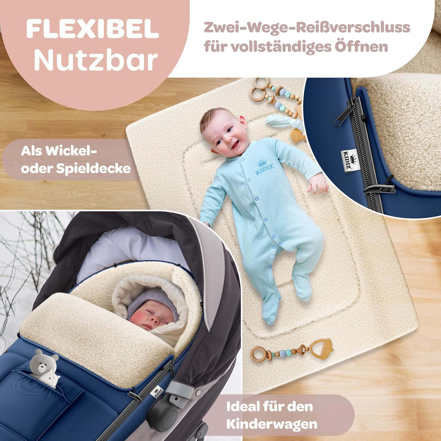 Detalle de Kidiz Babyfußsack Winter für Kinderwagen & Babyschale – wasserdicht, winddicht, mit Lammfleece-Futter