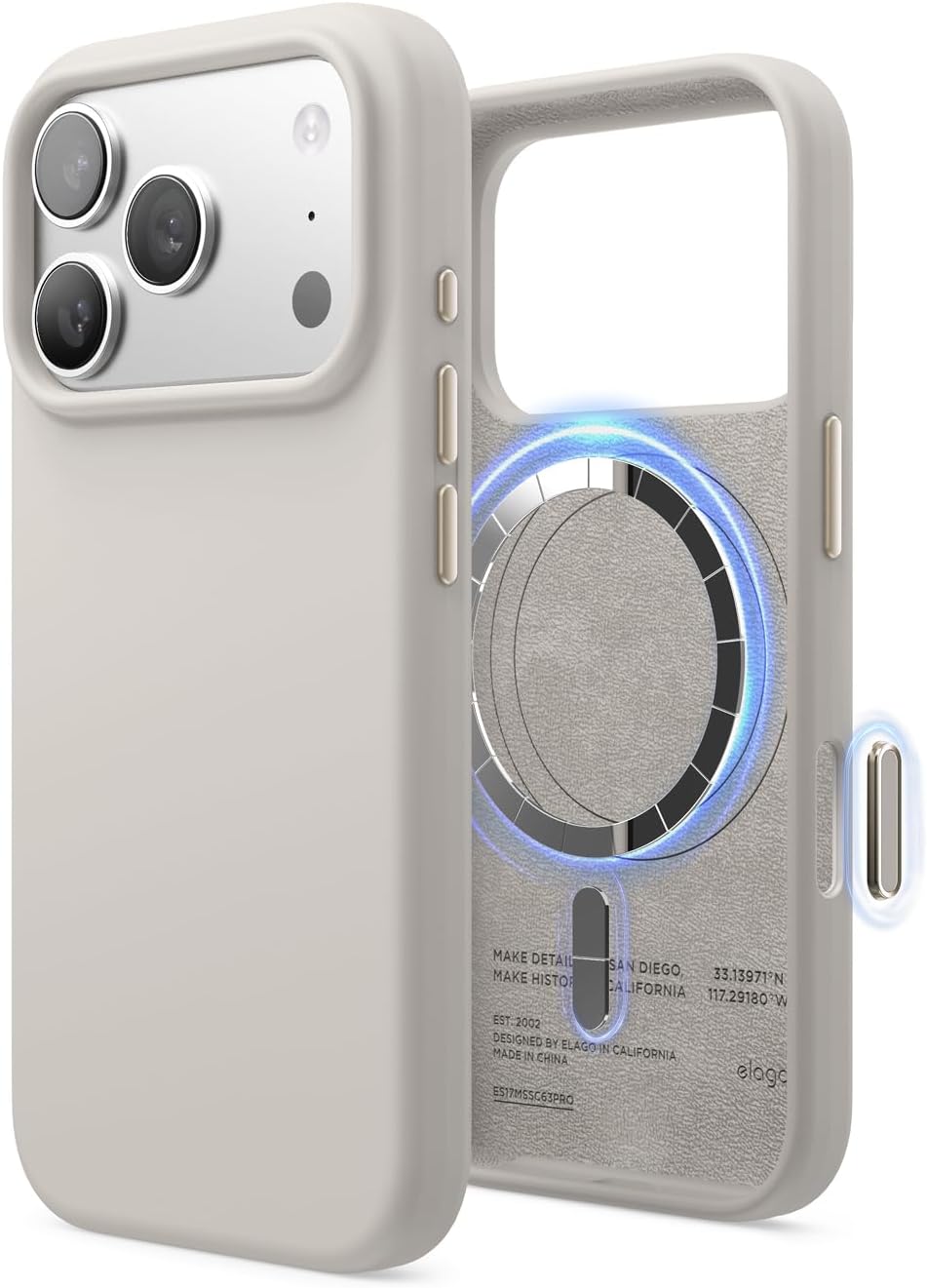 Detalle de elago ES17MSSC63PRO-ST Silicone Case for iPhone 17 Pro & 18 Pro, MagSafe, Stone