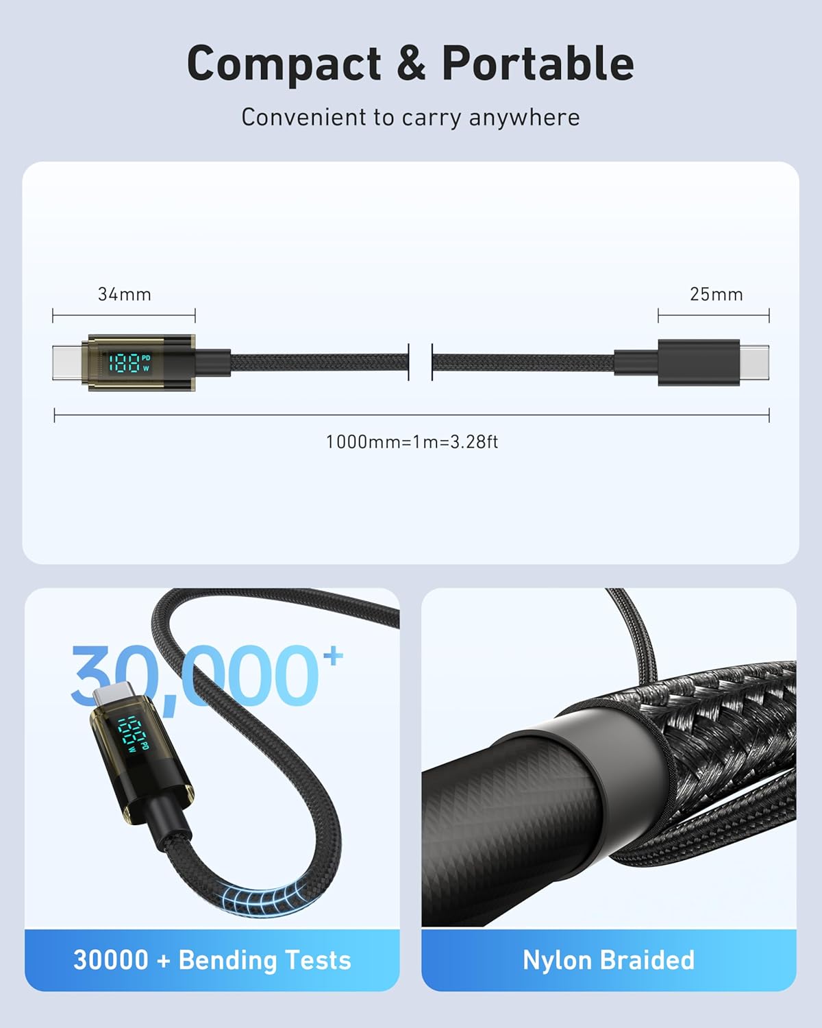 Detalle 2 de BENFEI 100W USB-C auf USB-C Kabel mit LED-Display, 2er-Pack 1 m – Transparentes Schnellladekabel mit E-Marker