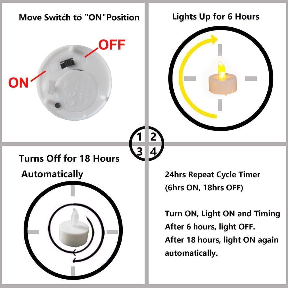 Detalle de 12 Pack Flickering Battery-Operated Flameless LED Tea Lights with Timer (6 Hours On / 18 Hours Off) – Warm Yellow
