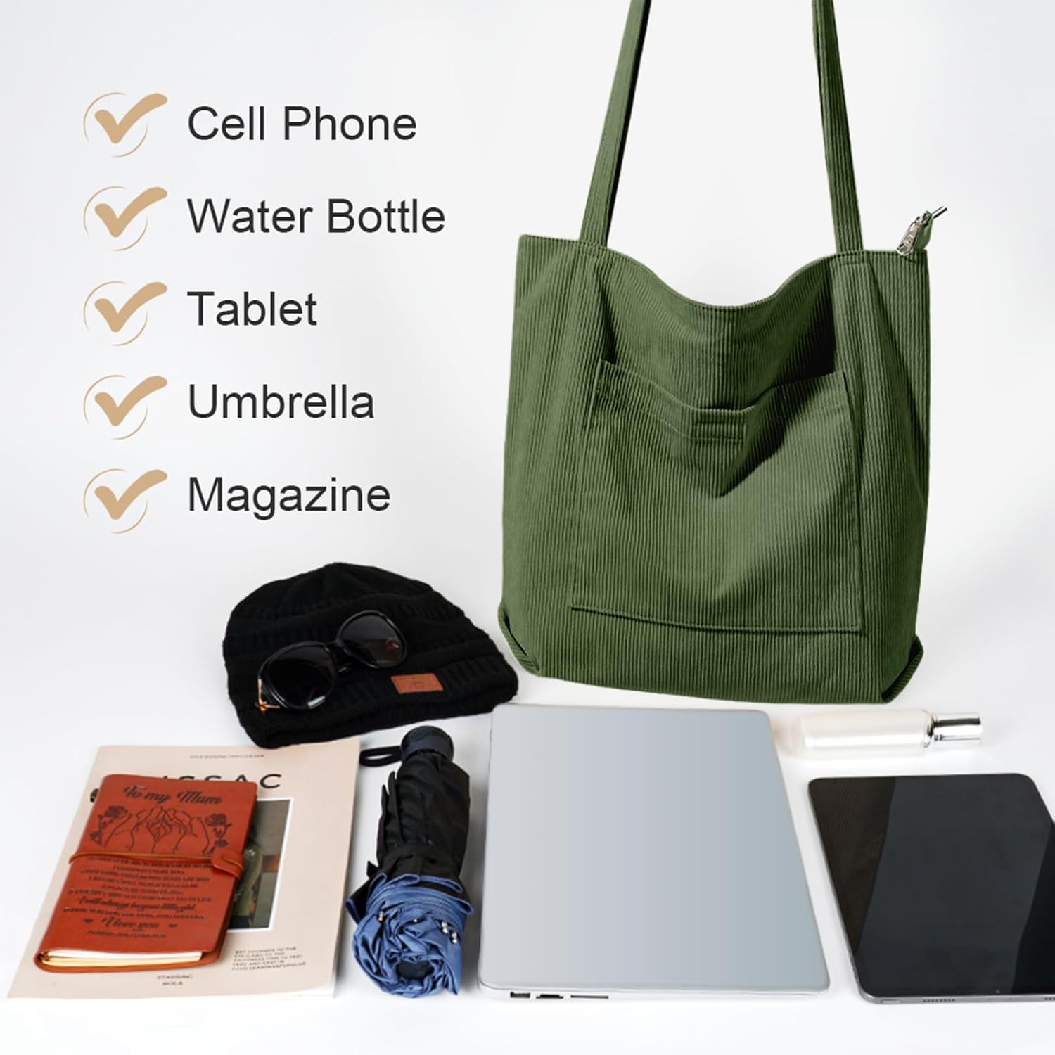 Detalle de Flintronic corduroy tote bag for women – large capacity waterproof shoulder bag with zip