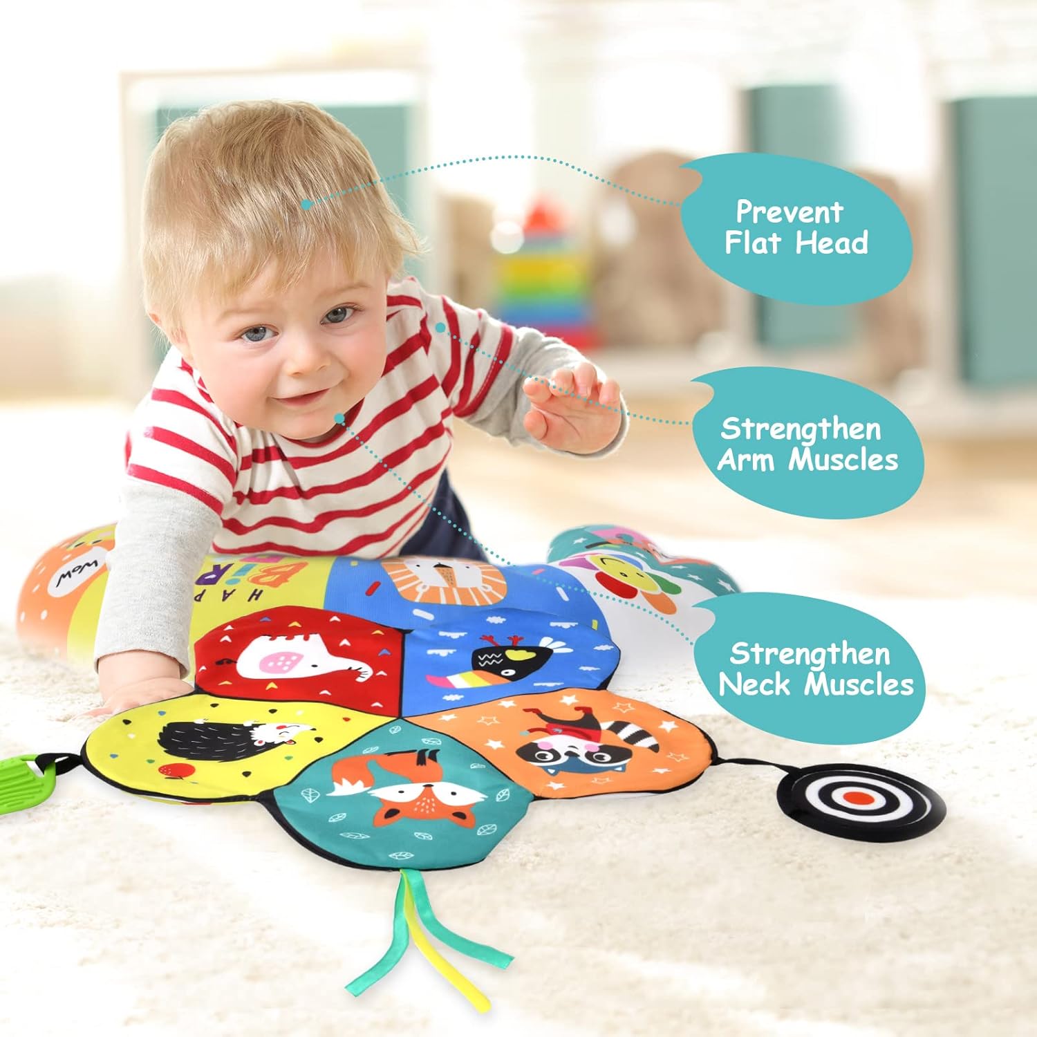 Detalle de Aolso 3 in 1 Tummy Time Pillow: cuscino per allattamento con giocattoli, massaggiagengive e specchio per neonati