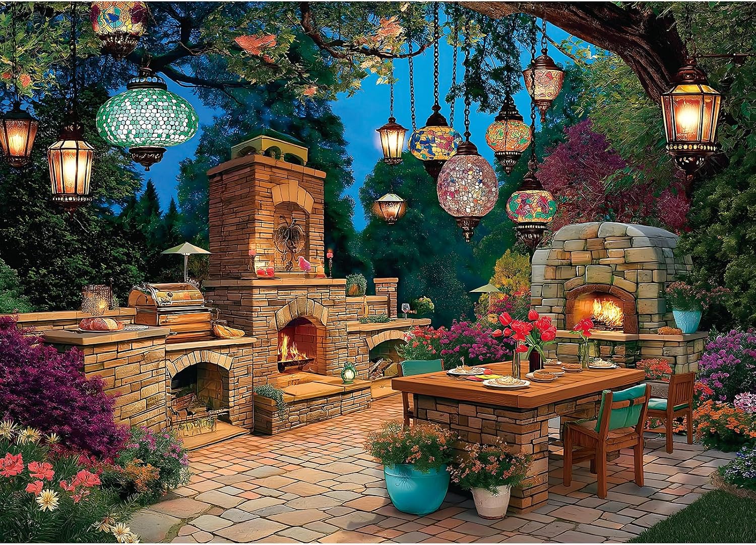 Detalle de Blueforest 1000-Piece Jigsaw Puzzle for Adults – Enchanted Garden Patio: Mosaic Lanterns, Stone Fireplaces & Night Blooms (27.5x19.7 in.)