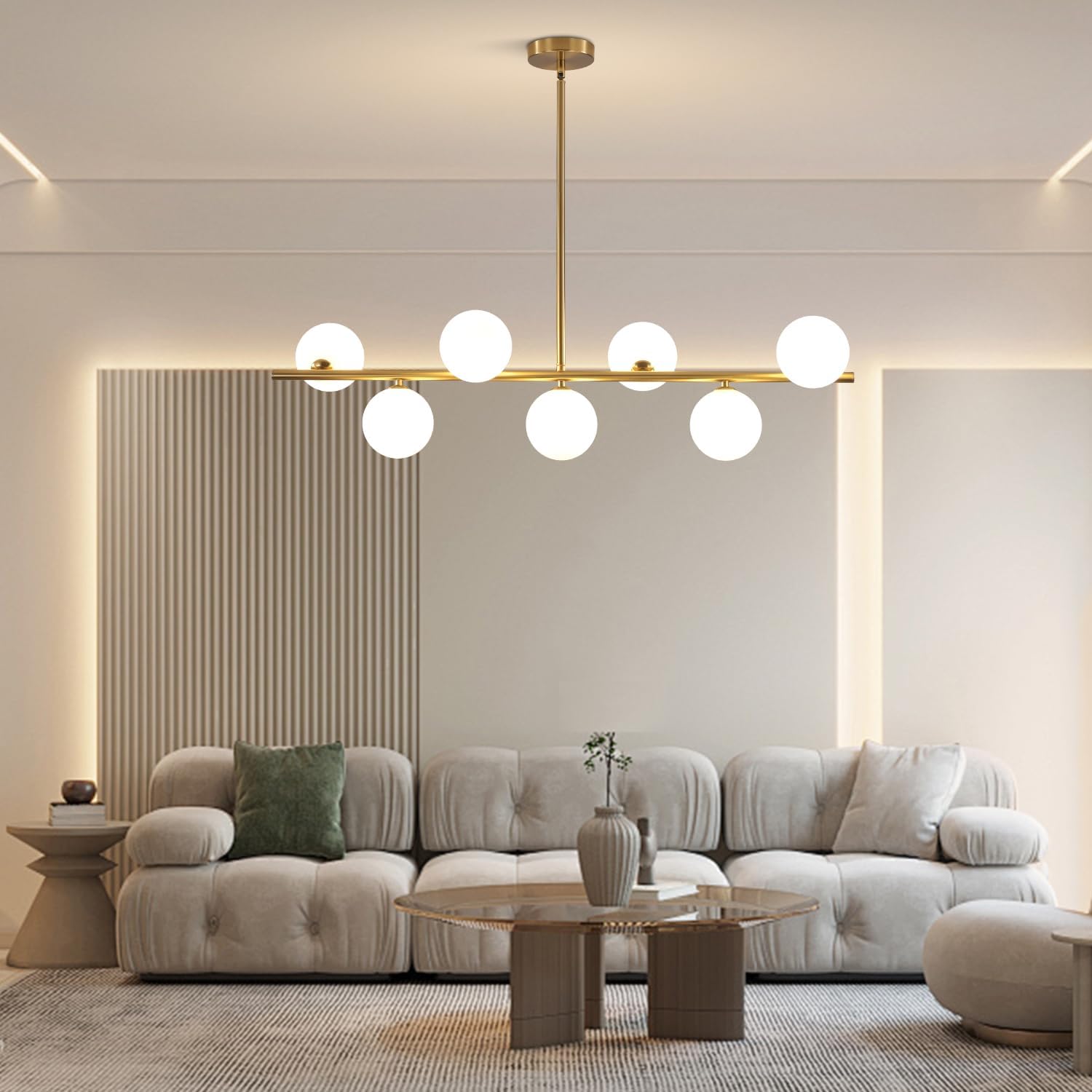 Detalle 1 de BOKT BP1078 7-Light Linear Chandelier with White Glass Globes, Brushed Gold