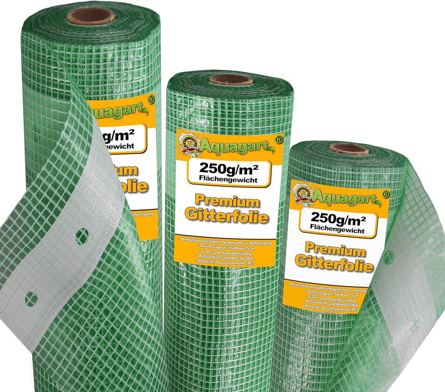 Aquagart Gewächshausfolie Gitterfolie Frühbeetfolie – UV-stabil, grün/transparent, 250 g/m², verstärkter Rand