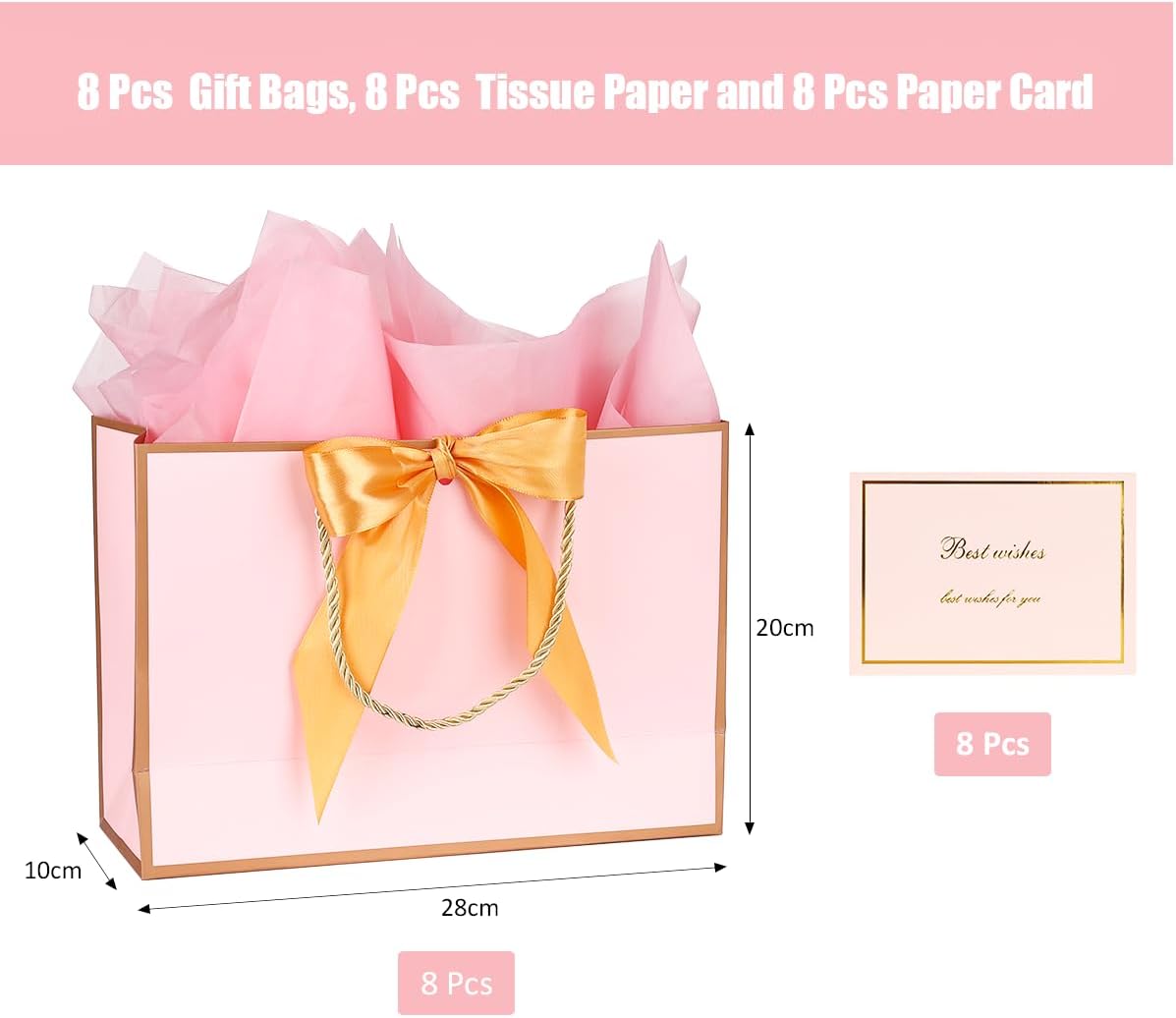 Detalle de Gift Bags 8Pcs Paper Gift Bags with 8 Tissue Paper and 8 Greeting Cards in Pink