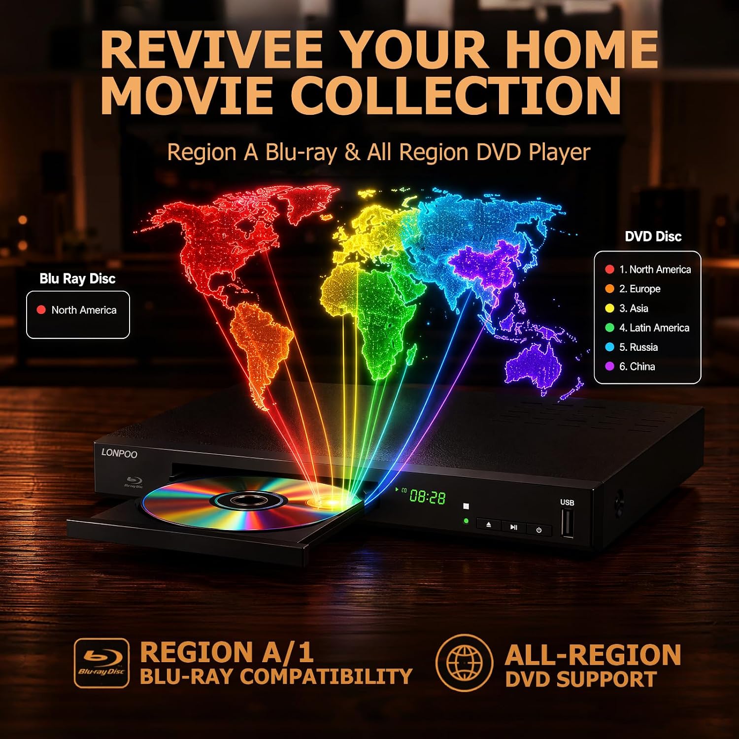 Detalle de LONPOO LP-100 HD Blu-Ray Disc Player: Full 1080p Upscaling with HDMI, AV, Coax Output and USB
