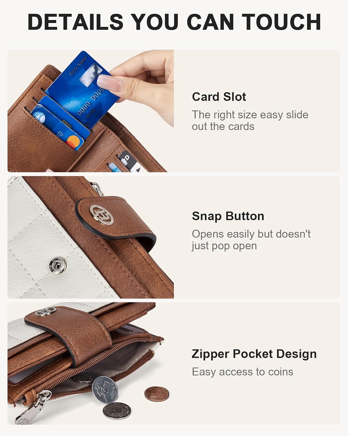 Detalle de BOSTANTEN Small Quilted Bifold Wallet, Beige and Brown, RFID-Blocking with Zip Coin Pocket