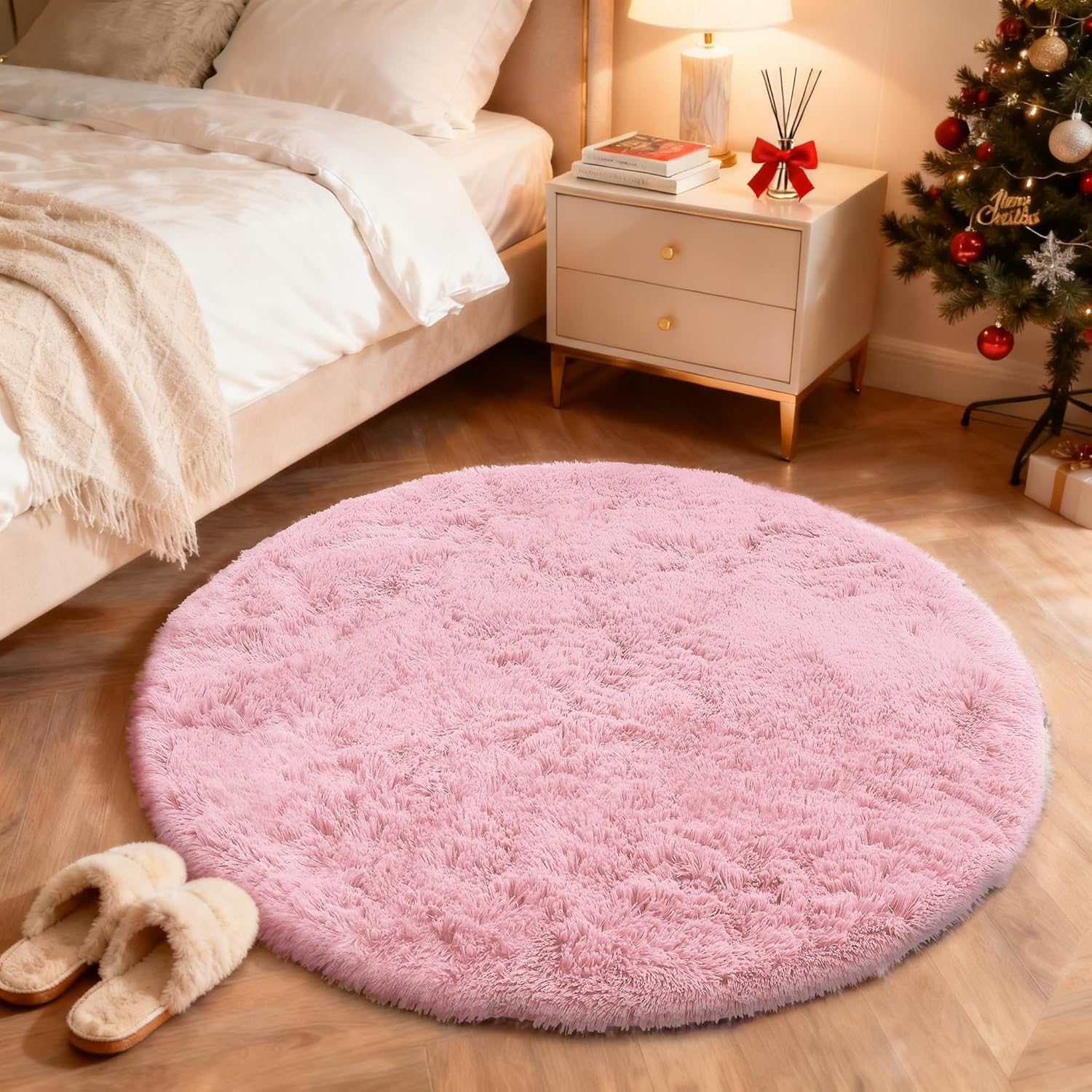 Thumbnail 2 de OLANLY Pink Round Rug for Bedroom: Machine Washable, 4 ft Circle with Plush 1.4-Inch Pile