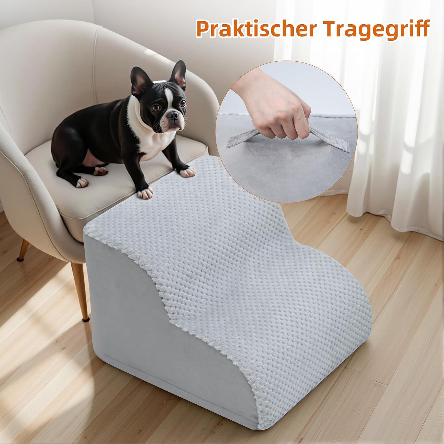 Thumbnail 6 de KSIIA Hundetreppe 2 Stufen, 30 cm Hoch – rutschfest, waschbare Bezugshülle, 40x40x30 cm, Grau