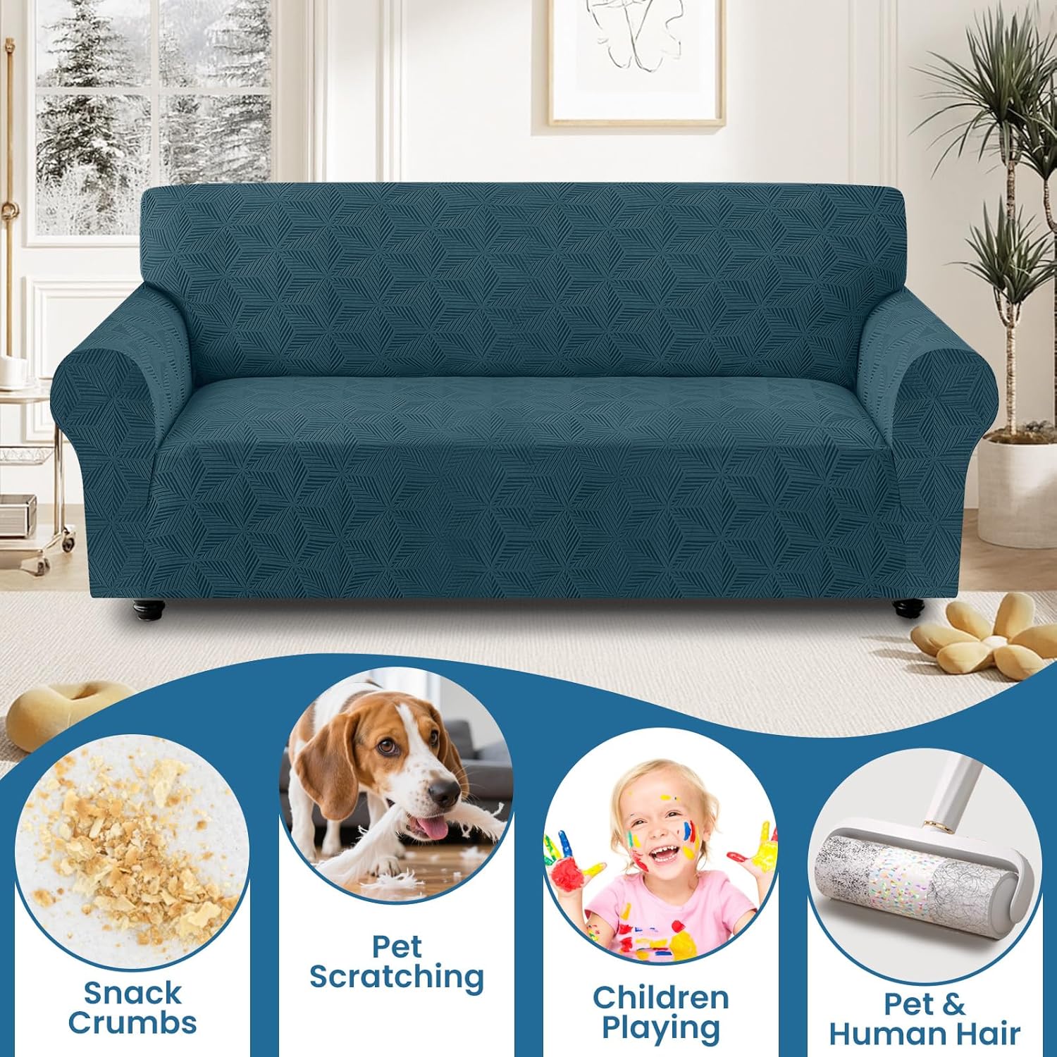 Thumbnail 5 de Ystyle Housse de canapé 2 places extensible avec accoudoirs – tissu antidérapant lavable bleu paon
