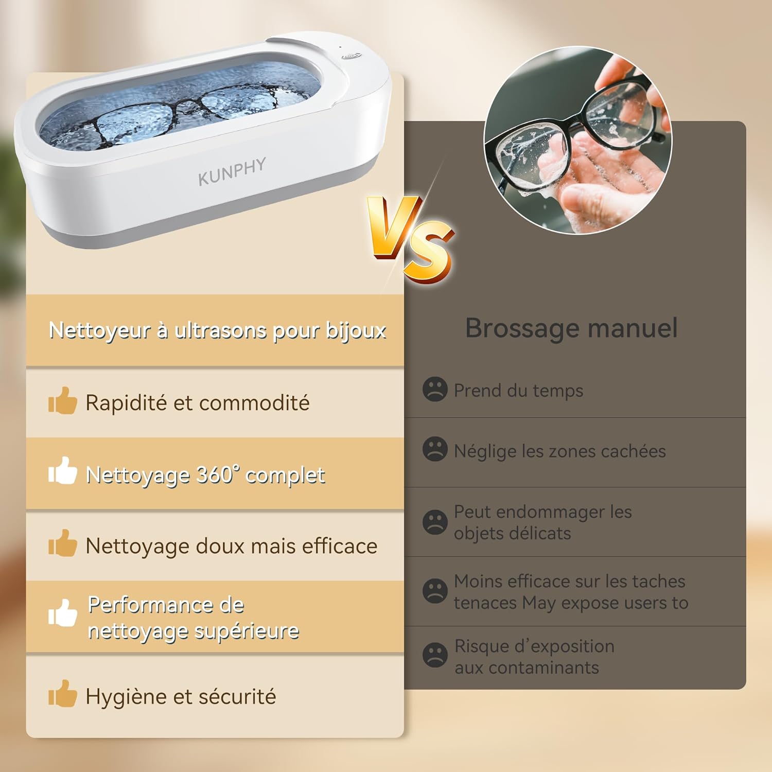 Detalle de Nettoyeur à ultrasons 350 ml – Appareil de nettoyage professionnel pour bijoux et lunettes (46 kHz, acier inox 304, portable)
