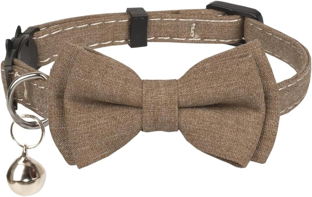 Olahibi Breakaway Cat Collar with Safe Release, Removable Bowtie, and Clear Bell (Solid Brown) for Adult Cats