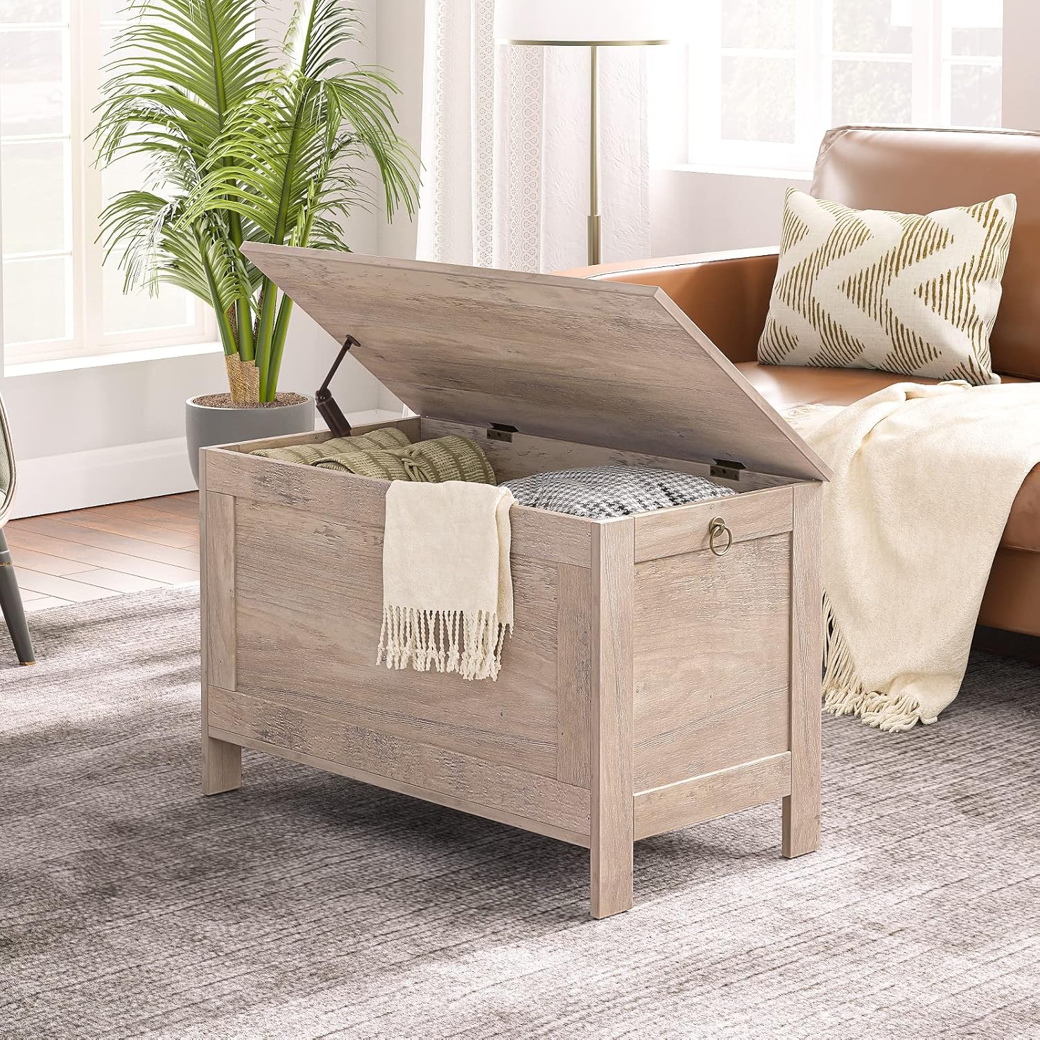 Detalle de HOOBRO Cassapanca EBG75CW01G1HOOBRO: panca portaoggetti con cerniere di sicurezza e coperchio sollevabile, 76 cm