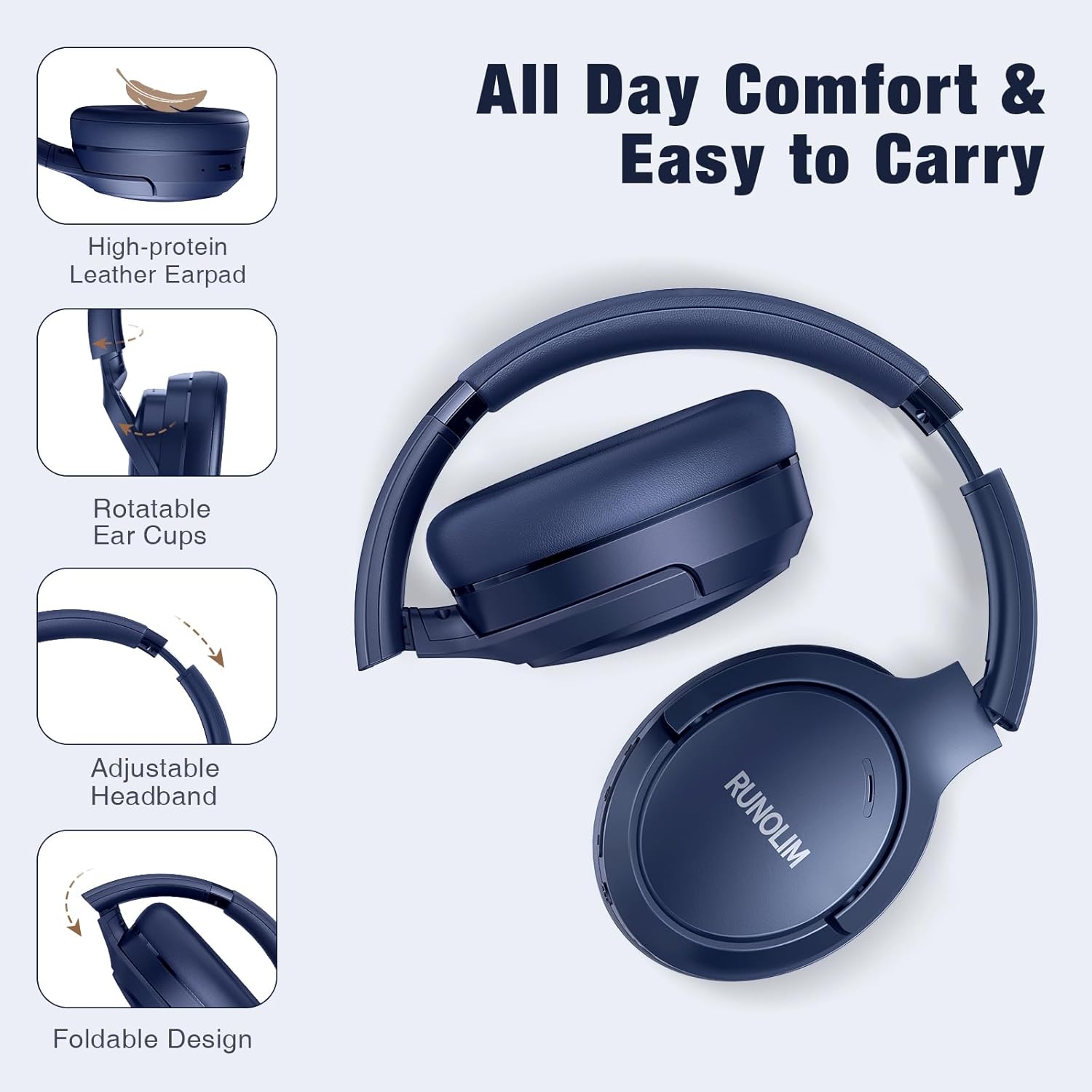 Detalle de RUNOLIM Hybrid ANC Wireless Headphones – Over-Ear Bluetooth with 70h Playtime