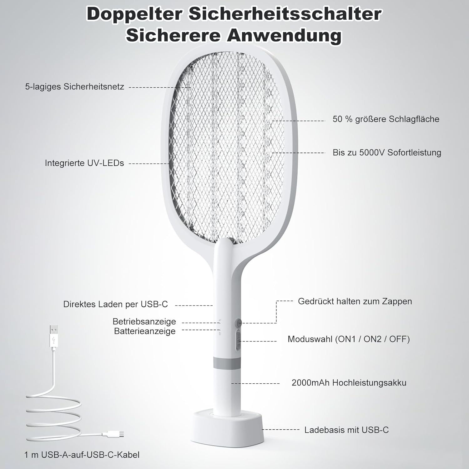 Thumbnail 6 de TEINNGO Raquette électrique anti-insectes 5000V rechargeable USB-C (2000 mAh) avec base