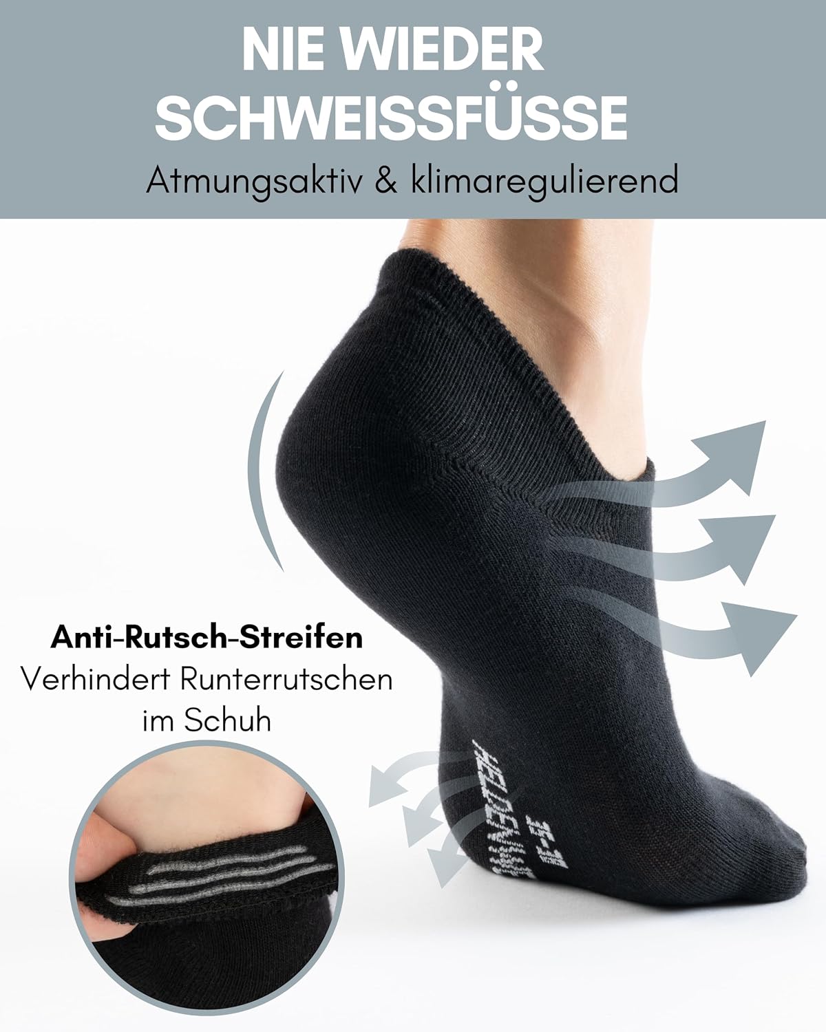 Detalle de HELDENWERK 10 Paar Füsslinge für Damen & Herren – unsichtbare Sneaker-Socken in Schwarz, Weiß & Grau