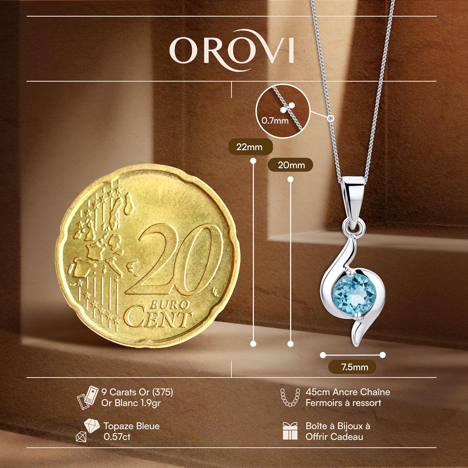 Thumbnail 1 de Collier Femme Orovi en Or Blanc 9K (375) avec pierre précieuse ronde – émeraude/rubis/saphir/topaze, fait main, hypoallergénique