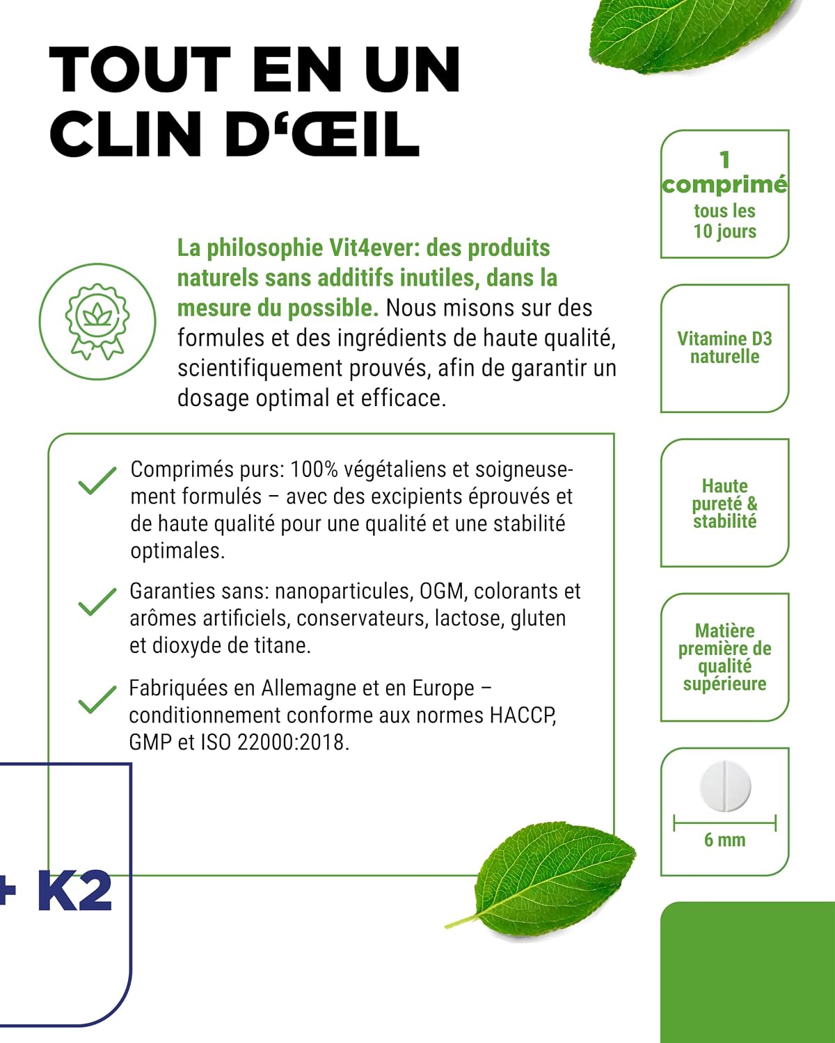 Detalle de Vit4ever Vitamine D3 + K2 MK-7-100, 10 000 UI de D3 et 200 µg de K2 (MK-7), 100 comprimés