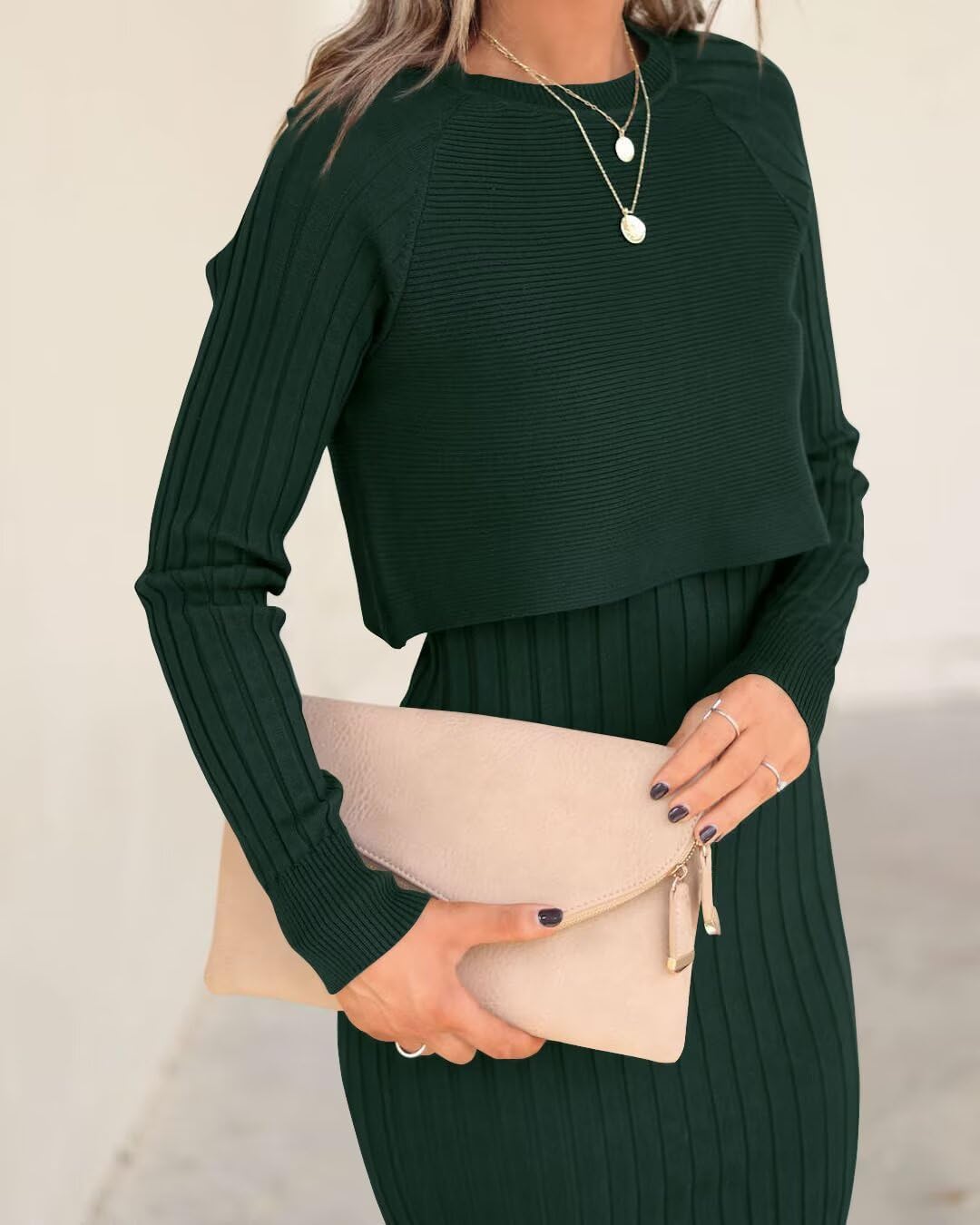 Detalle 2 de LACOZY ribbed knit 2-piece sweater set with crop top and bodycon midi dress