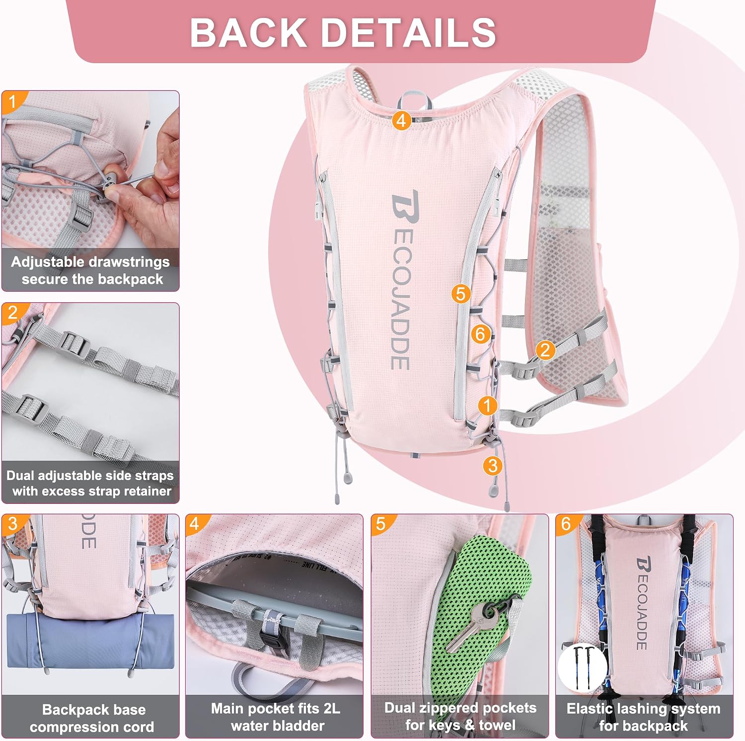 Detalle de BECOJADDE 6L Running Vest with 2L Hydration Bladder and 8 Pockets