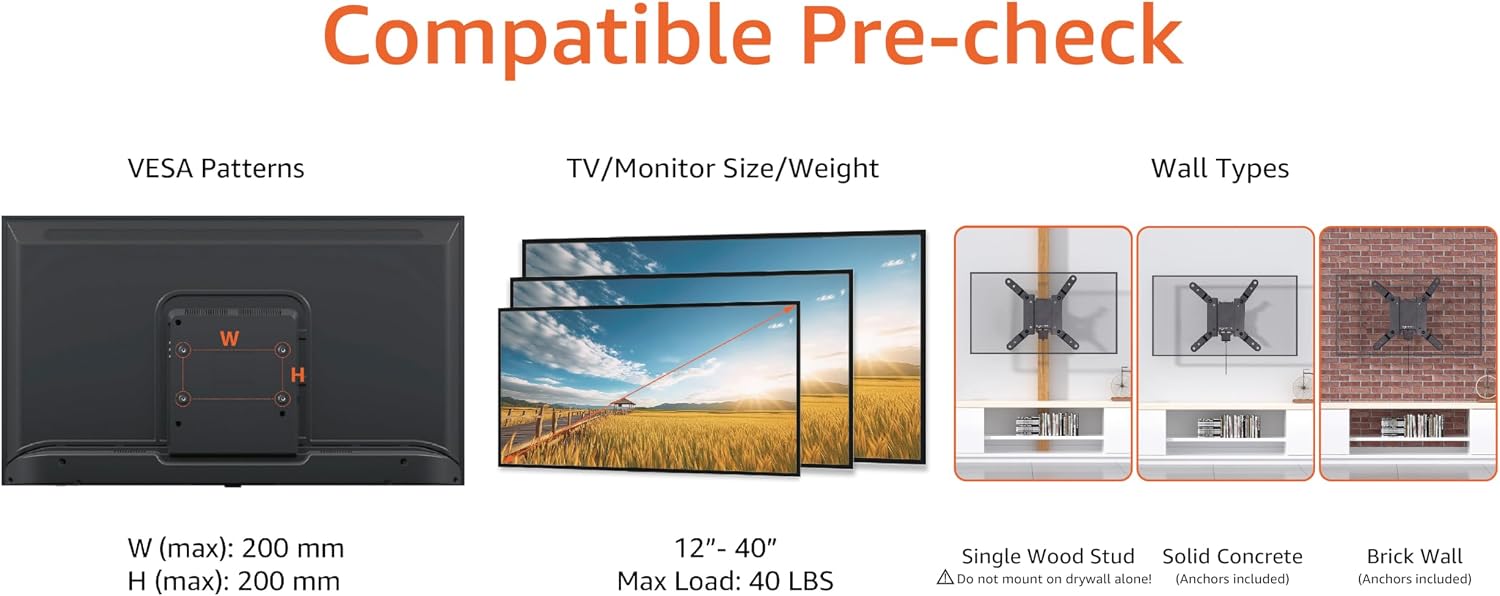 Detalle de Amazon Basics Support mural fixe pour téléviseur 12–40 pouces, VESA 200×200 mm, noir