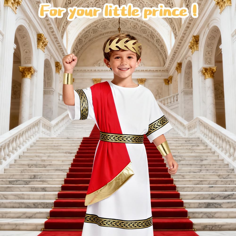 Thumbnail 5 de BSBUY Costume antica Grecia e Roma per bambini bianco e rosso con toga, cintura e fascia