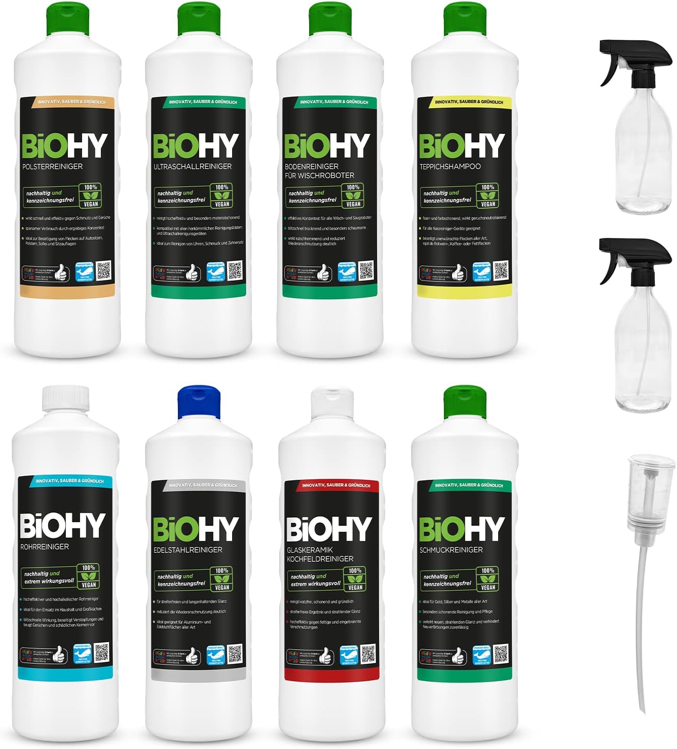 Detalle de BIOHY zestaw środków czyszczących 8 × 1 l z dozownikiem i butelkami z rozpylaczem