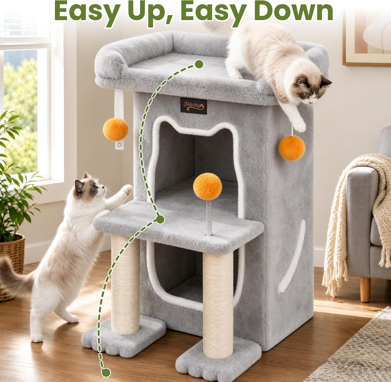 Detalle de Feliskyn 29-Inch Cat Tree with Two Condos, Sisal Scratching Posts and Perch