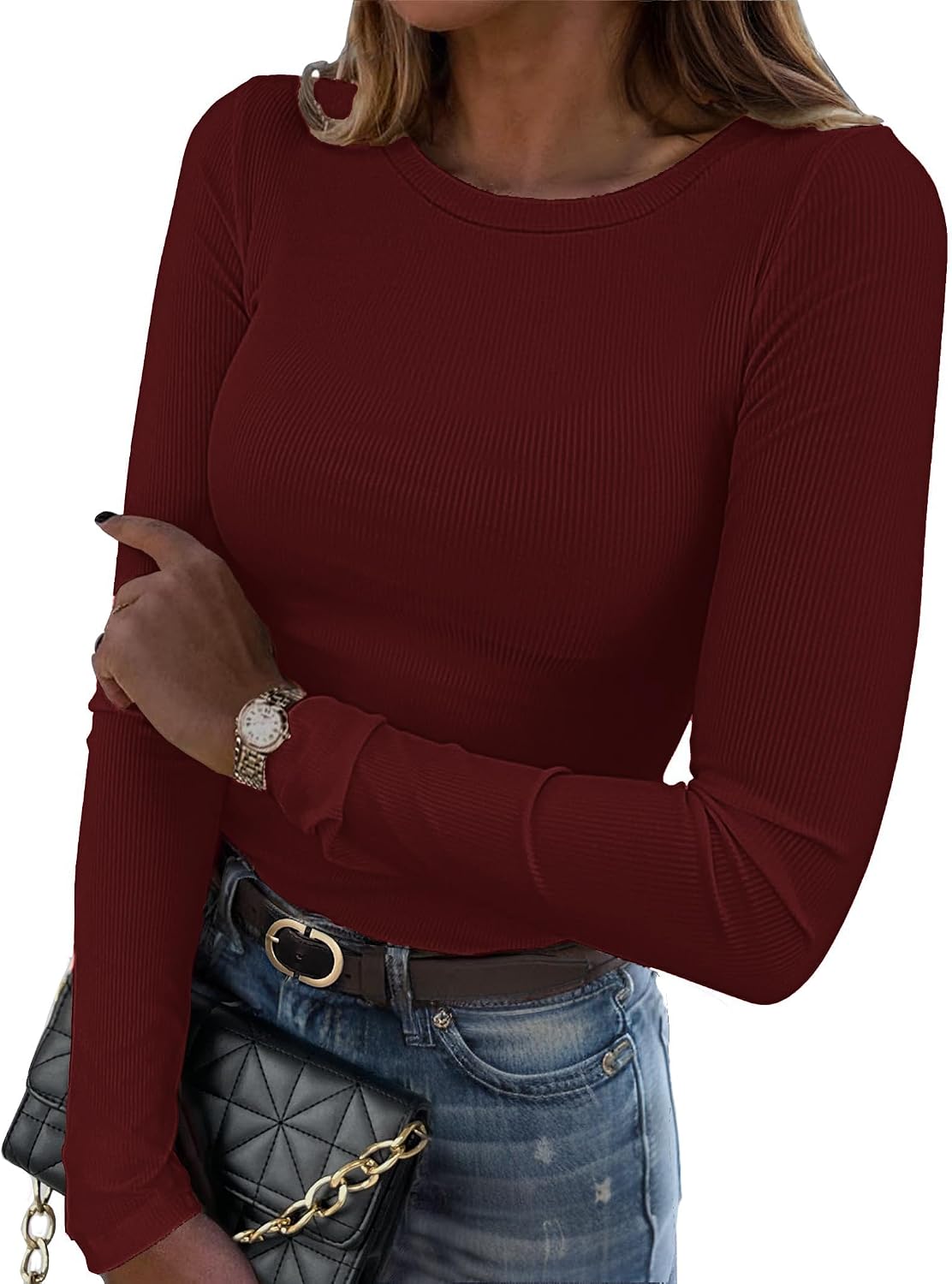 Detalle 2 de DUOEASE Langarmshirt Damen mit Rundhalsausschnitt – geripptes Basic-Top aus Rayon-Spandex
