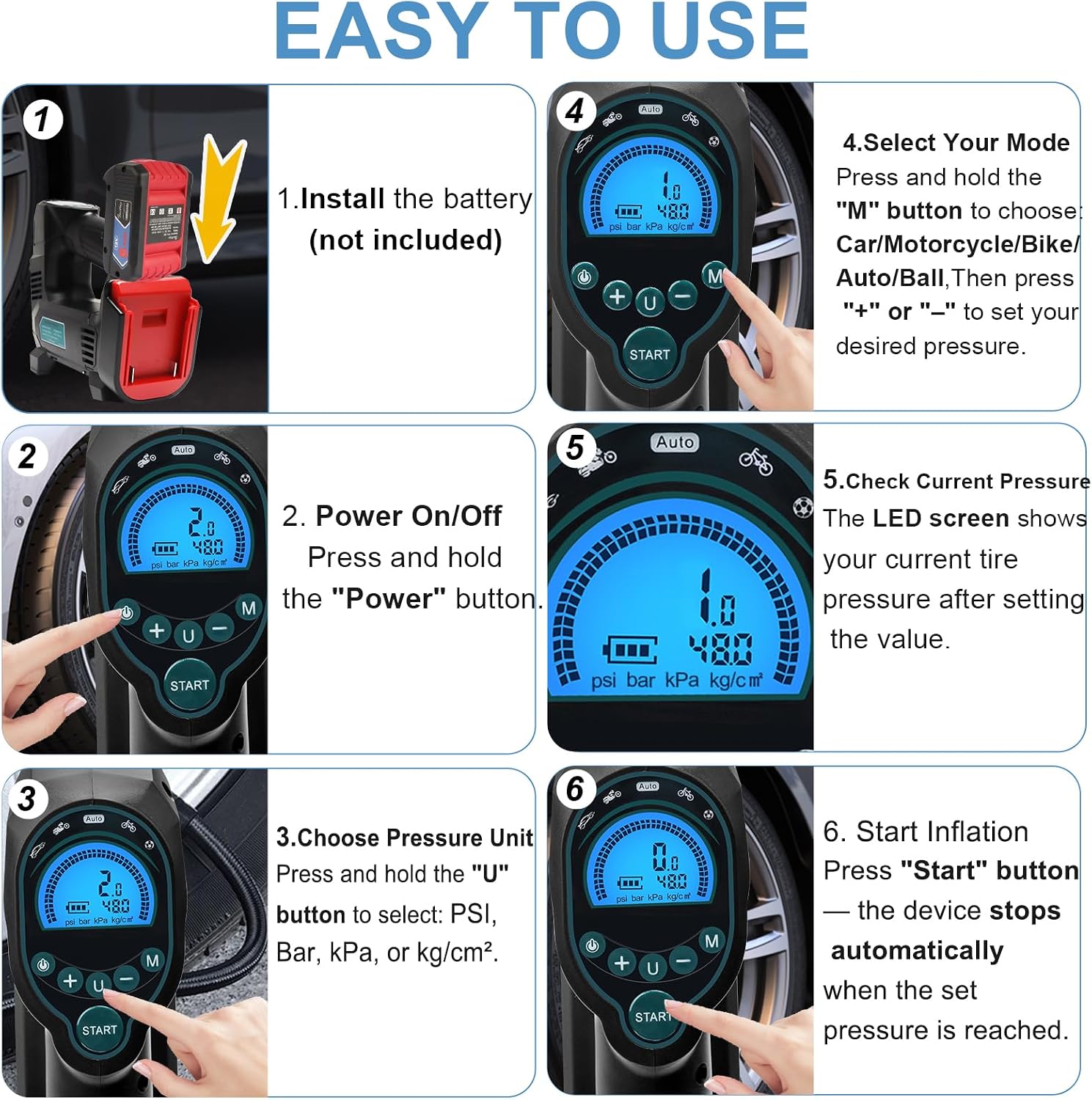 Detalle de Powarobor Akku-Luftpumpe kompatibel mit Bosch 18V GBA – 10,3 bar Kompressor, LED, Auto-Stopp, inkl. Düsen