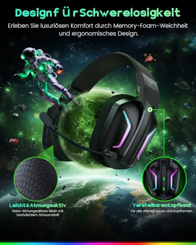 Thumbnail 6 de WESEARY WG1 Gaming-Headset kabellos mit 50-mm-Treibern, ENC-Mikrofon und 60 Stunden Akku