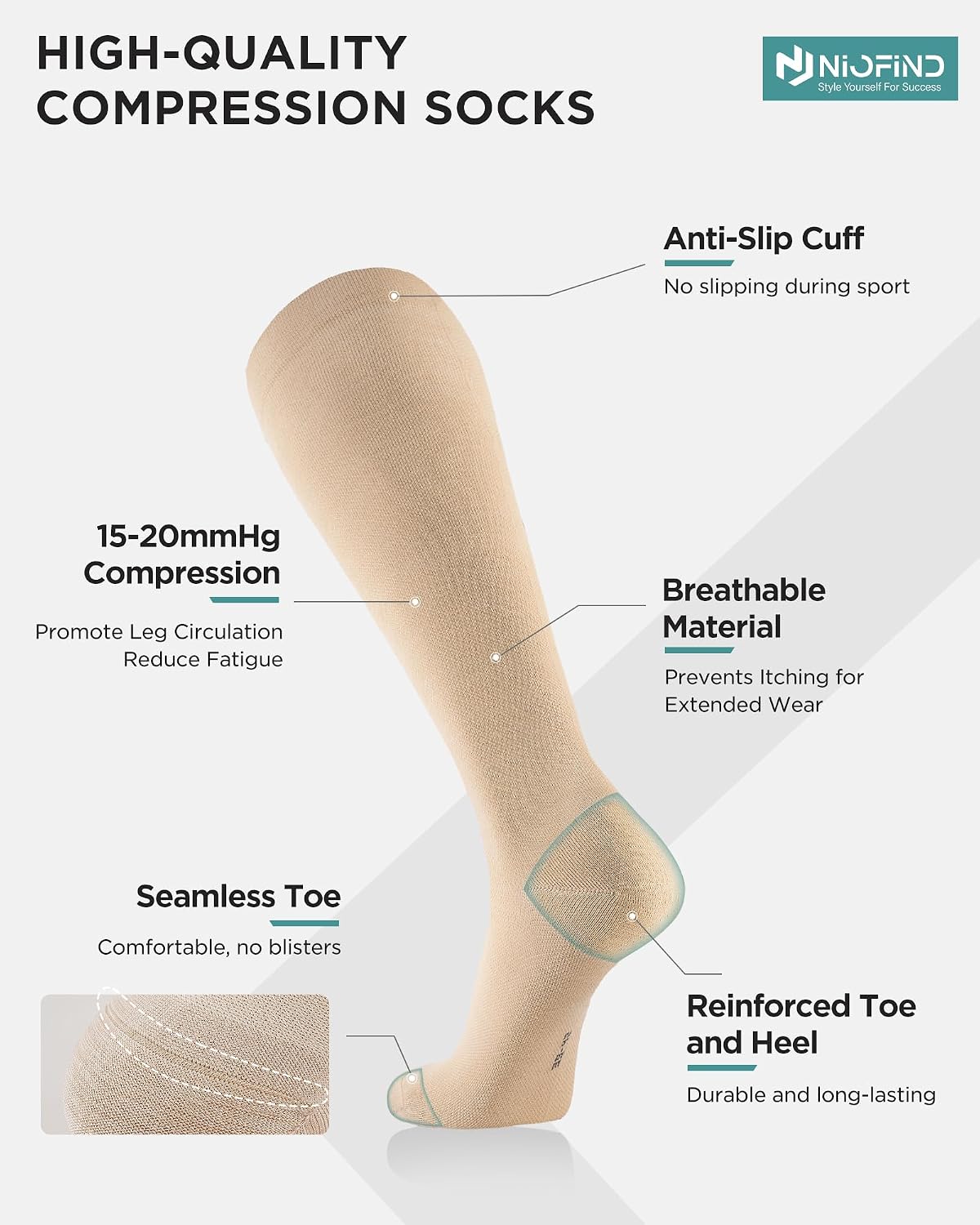 Thumbnail 4 de Niofind Compression Socks for Women & Men – 15–20 mmHg Knee High Cotton Graduated Support