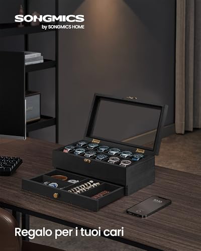 Detalle de SONGMICS Porta Orologi a 12 Scomparti, 2 Livelli, Coperchio in Vetro e Fodera in Velluto – JOW012B02
