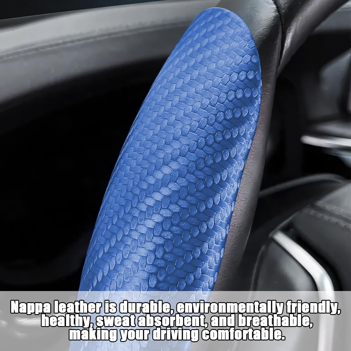 Detalle de Mandark Blue 3-Piece Leather and Carbon Fiber Steering Wheel Covers, 14.5–15-Inch Fit