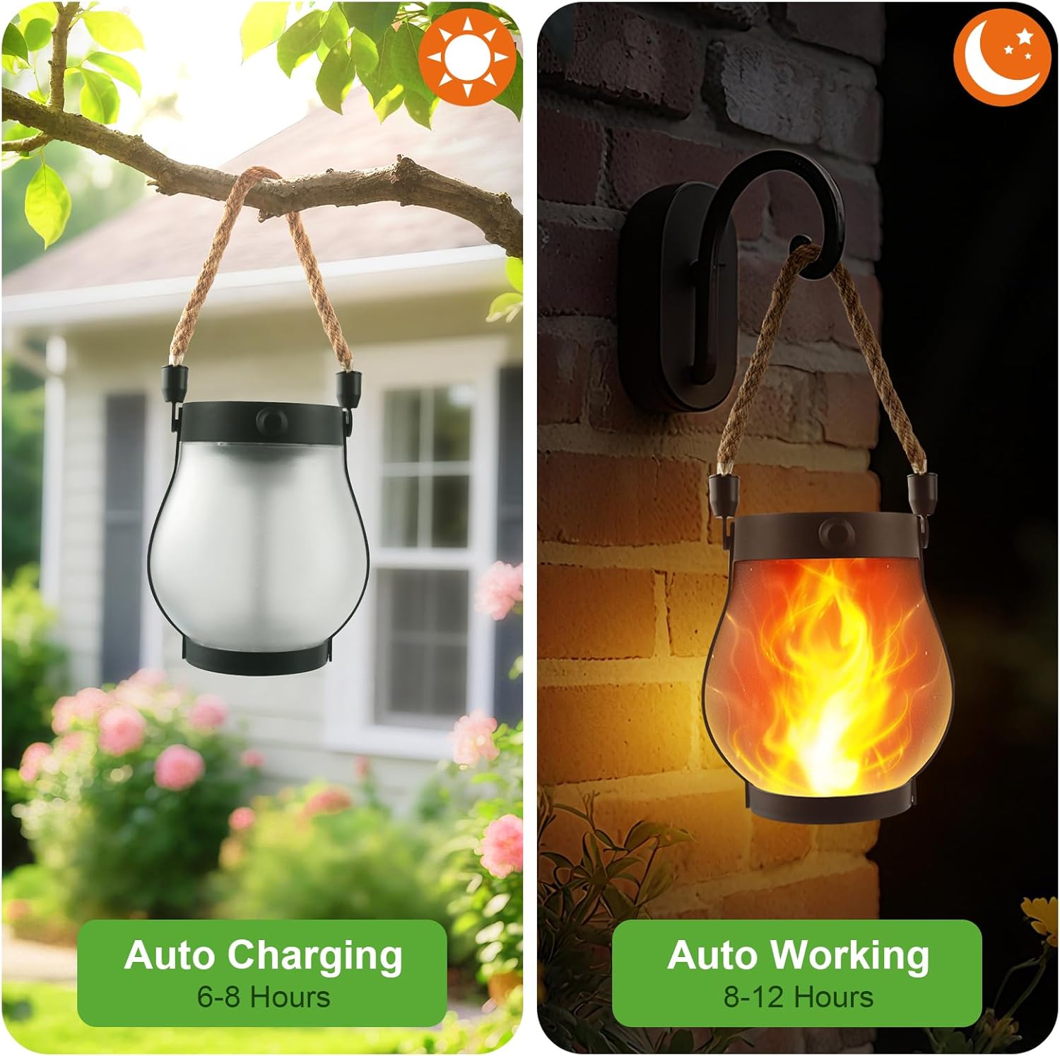 Thumbnail 4 de 2 Pack Solar Lanterns Outdoor: Dancing Flame, Dual Powered (Solar + USB), IP65 Hemp Rope Lanterns for Garden & Patio