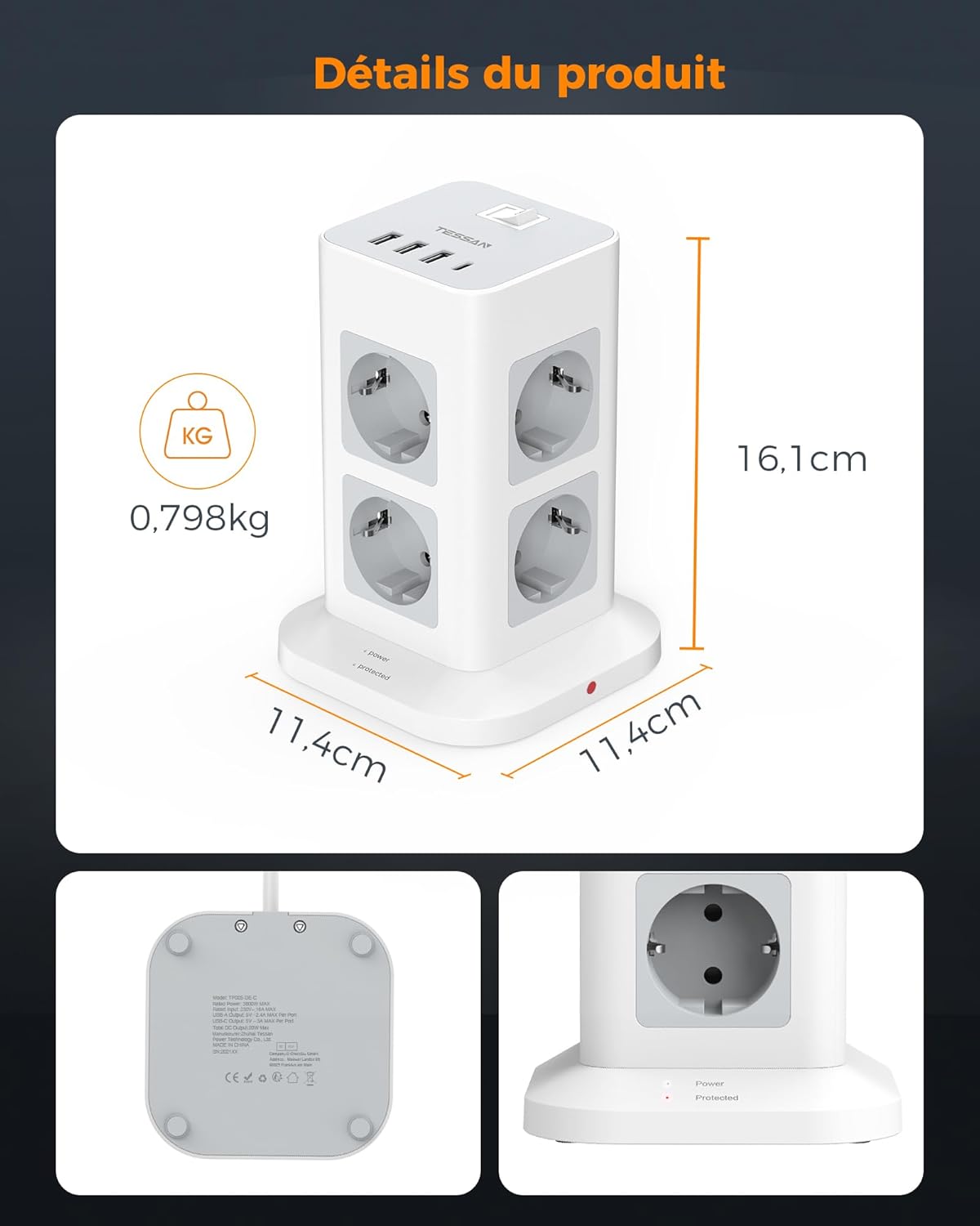 Thumbnail 6 de TESSAN Tour Multiprise 8 sorties AC avec 4 USB (3A, 1C) et interrupteur — rallonge 2 m, protection surtension, gris