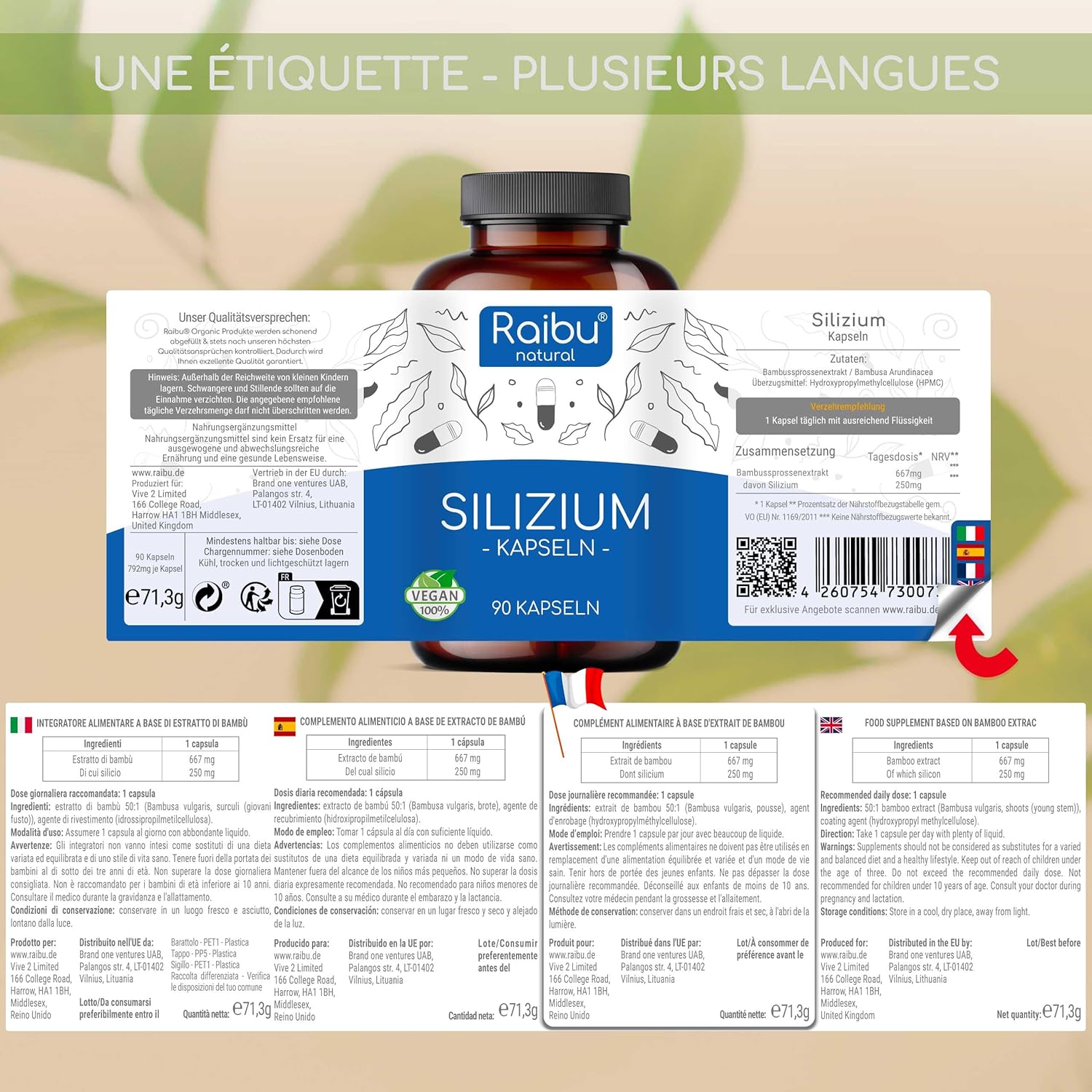 Thumbnail 2 de Silicium Organique Raibu - 667 mg, 90 gélules pour 3 mois, extrait de bambou, vegan