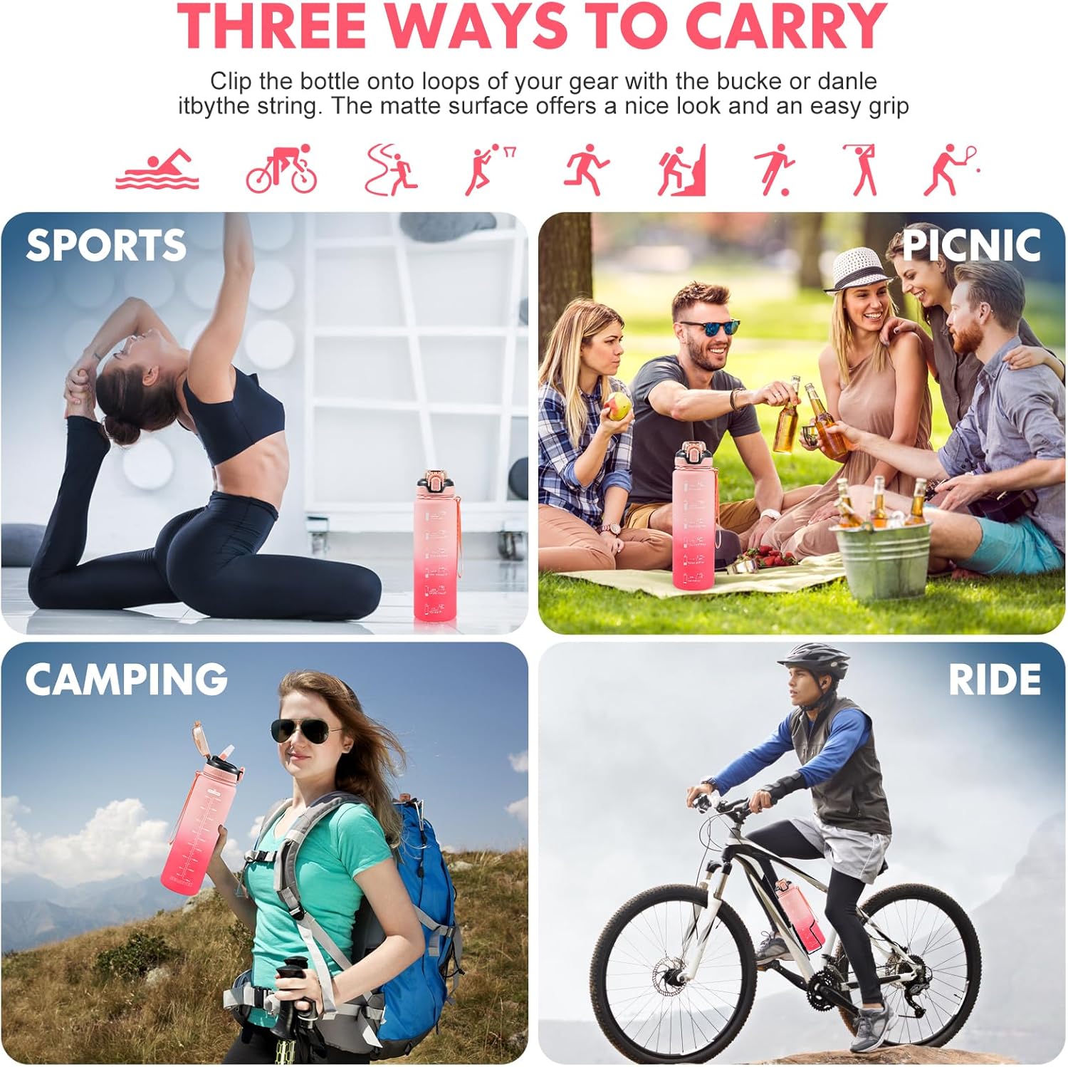 Thumbnail 6 de SEASEVEN 1L Tritan water bottle with straw (BPA-free, leak-proof) in gradient pink