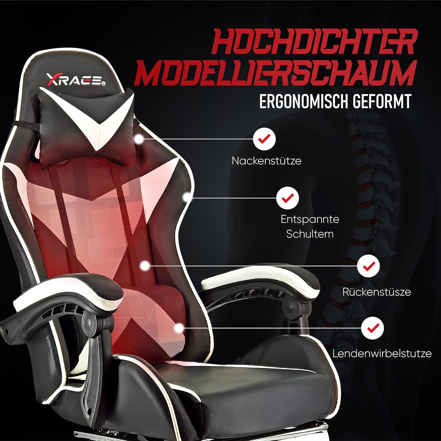 Thumbnail 5 de xRace Gaming Stuhl (weiß) – ergonomischer Bürostuhl mit Lendenwirbelstütze, Kopfstütze und Fußstütze