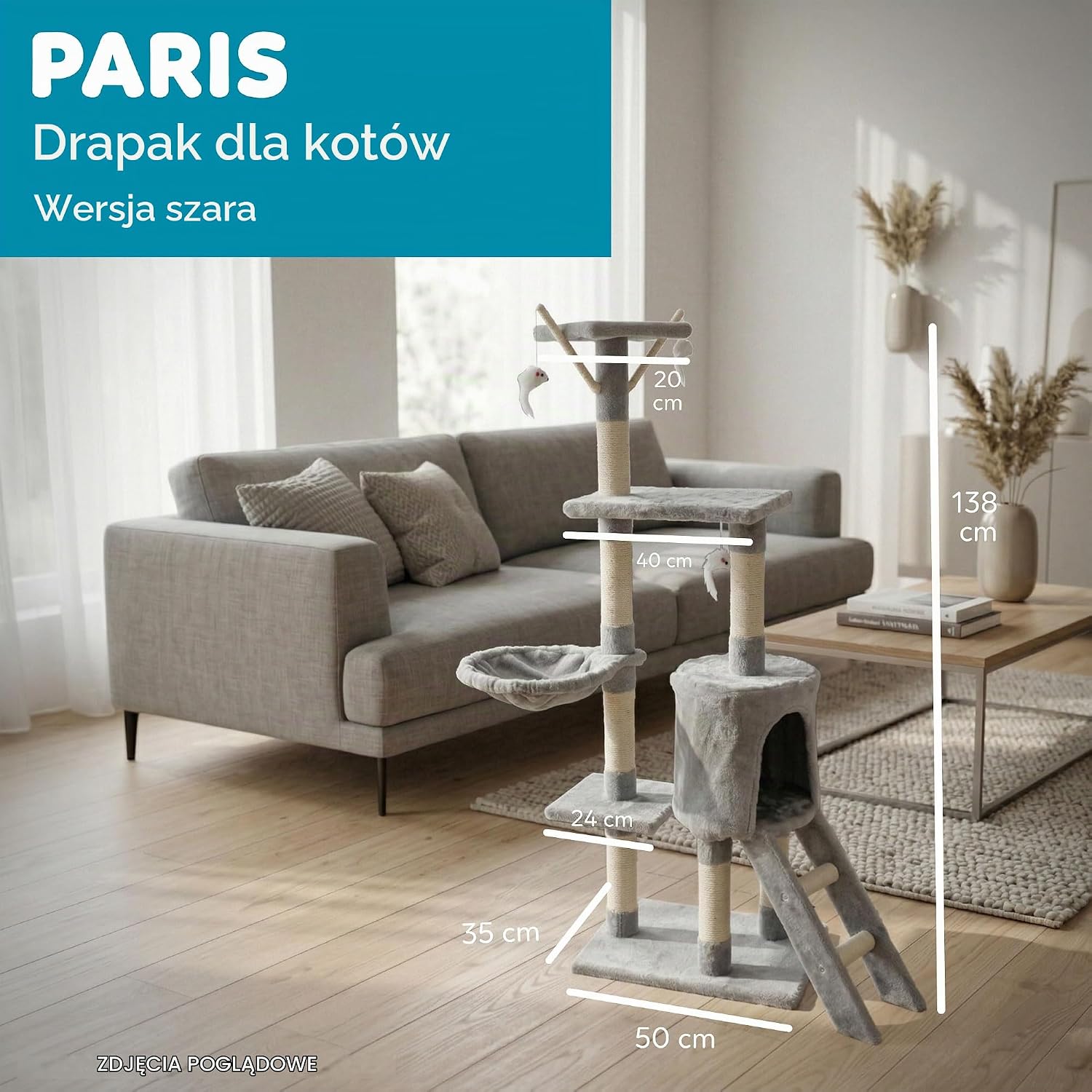 Detalle 2 de AQPET Paris drapak dla kota 138 cm z hamakiem i słupkami z sizalu