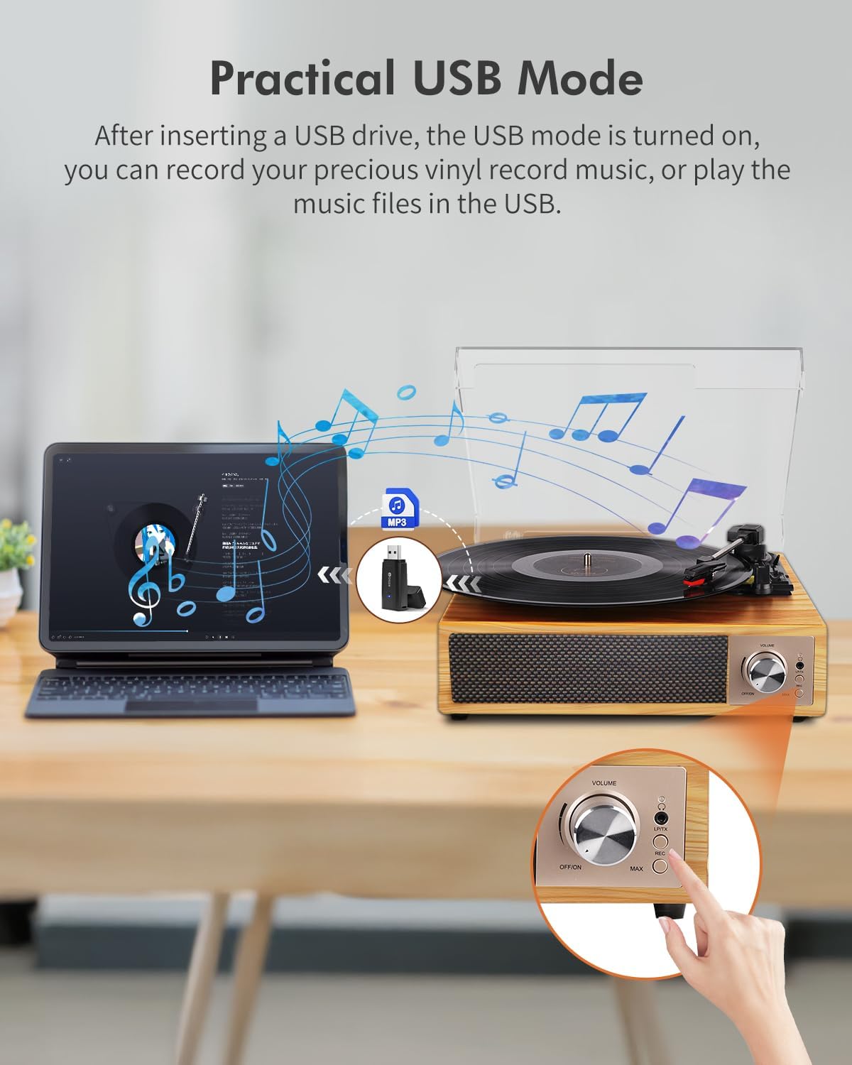 Detalle 2 de VIFLYKOO platenspeler met Bluetooth 5.4, stereoluidsprekers en drie snelheden