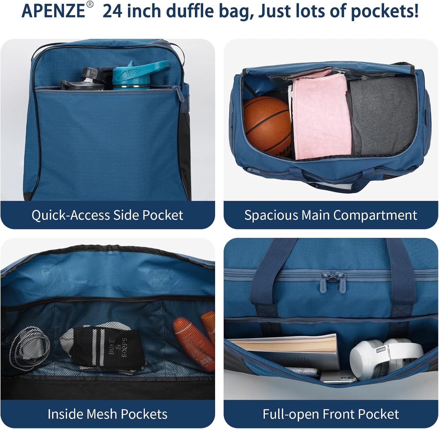Detalle 2 de Apenze 65L Gym Bag with Wet/Dry Compartment and Shoe Sleeve – Royal Blue