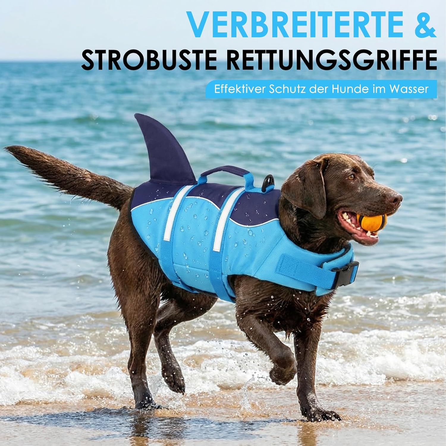 Thumbnail 1 de AOFITEE Schwimmweste Hund Mittel „Hai“ – verstellbar, mit Tragegriff & reflektierend (M)
