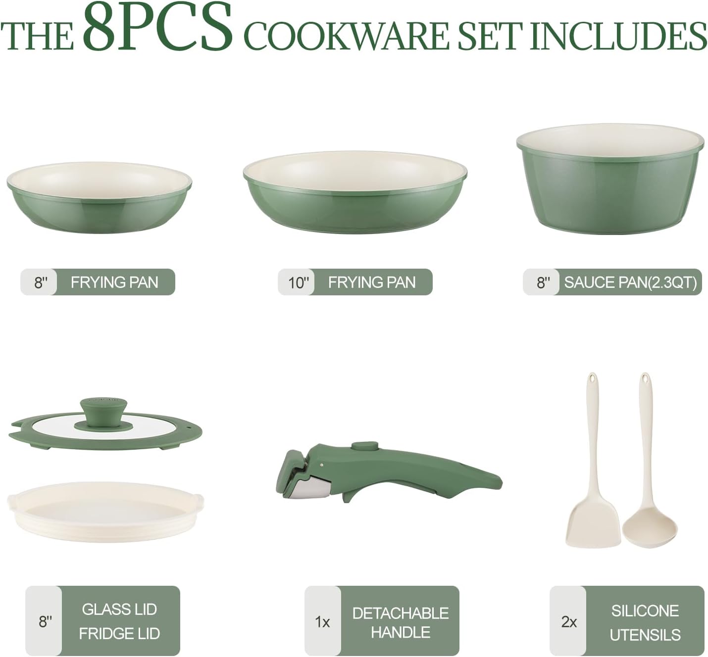 Detalle 2 de Coicur COICUR8PCS 8-Piece Ceramic Cookware Set, Removable Handle, Forest Green