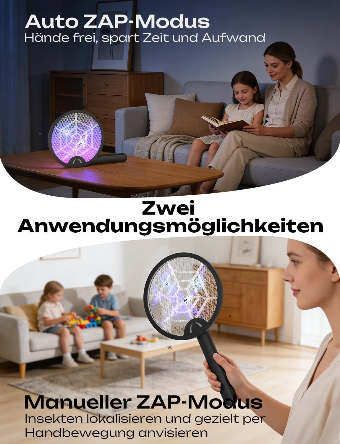 Detalle de YISSVIC Elektrische Fliegenklatsche Extra Stark 4000V – 2 in 1, USB-C, klappbar, 1800mAh