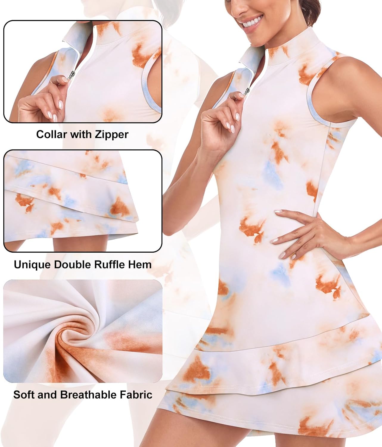 Detalle 2 de Viracy Sleeveless Golf Dress with Shorts and Pockets – Stand Collar, Double Ruffle Hem